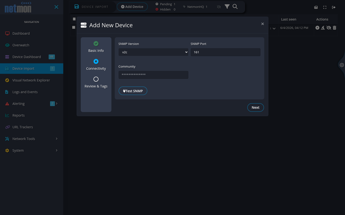 Add New Device step 2 showing SNMP connectivity fields and a Test SNMP button
