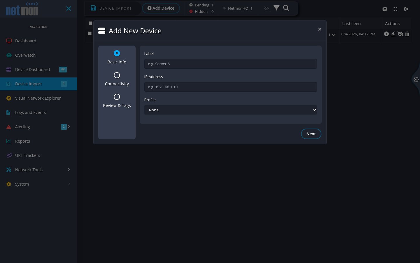 Add New Device step 1 with fields for a display label, IP address, and device profile