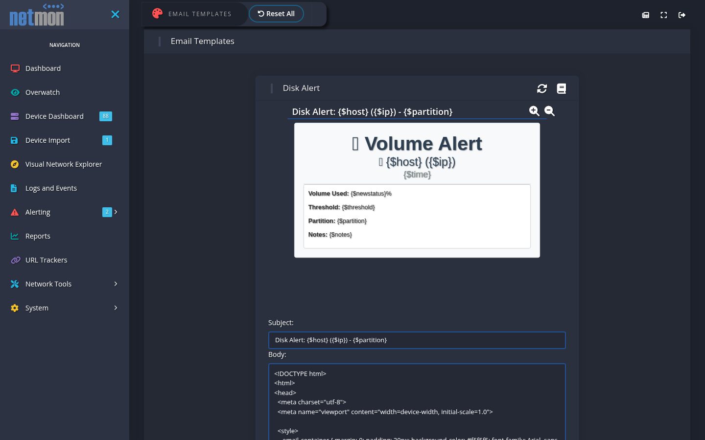 The Template Editor showing a device-status email template with its subject, body, and a live preview