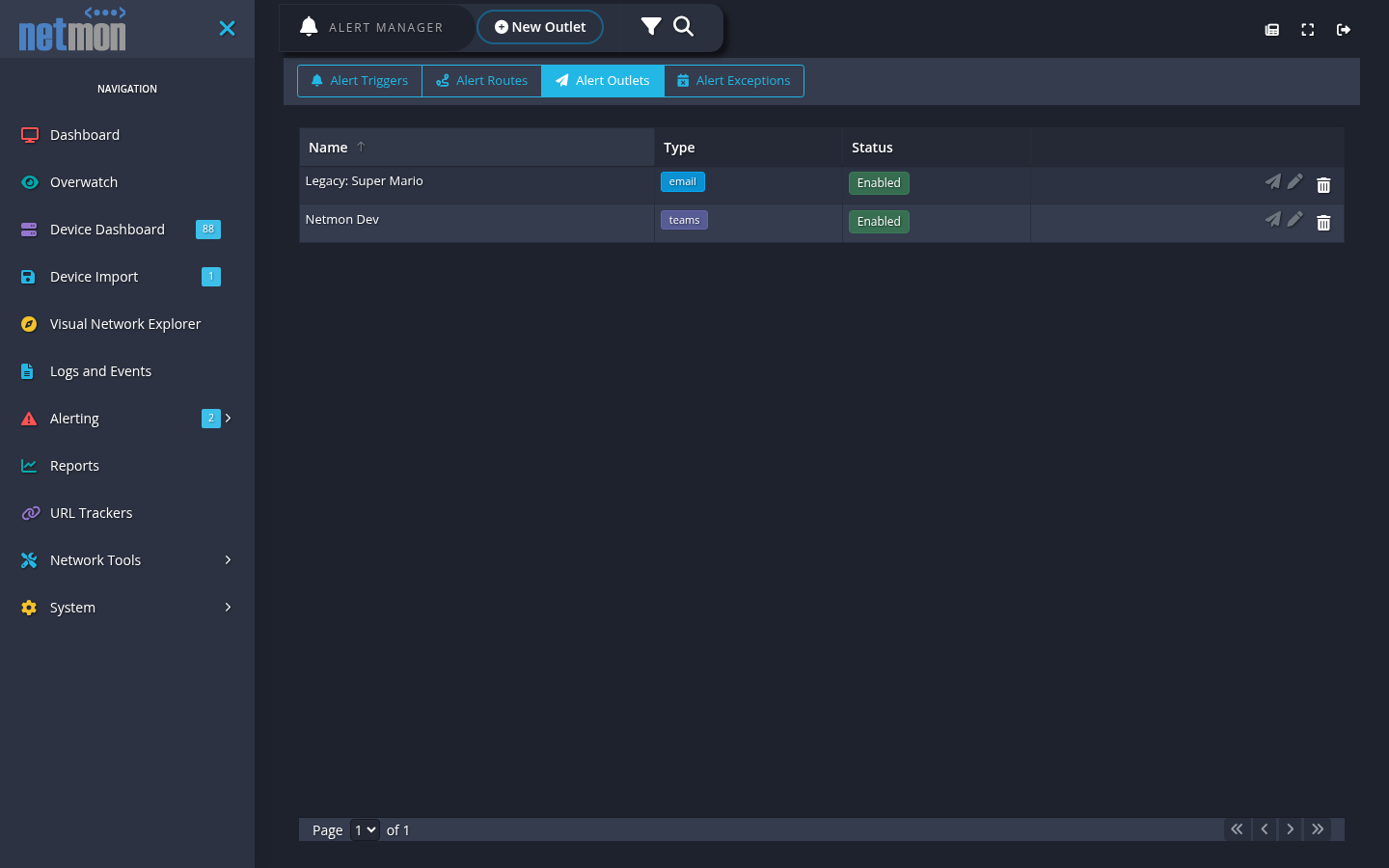 The Alert Outlets tab listing configured destinations with their transport types