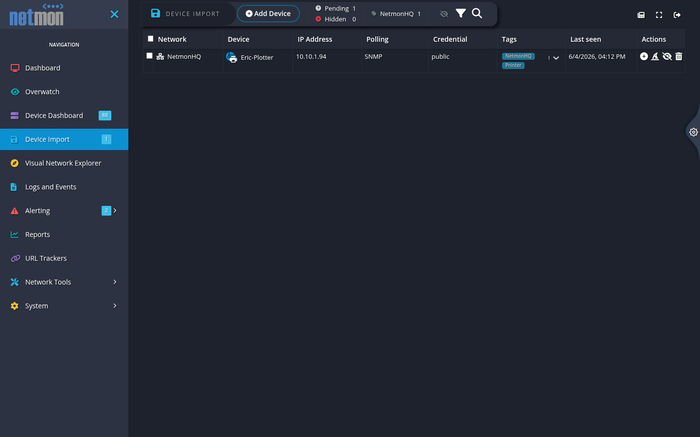 The Device Import page with discovery credentials and monitored network ranges above the pending-device queue