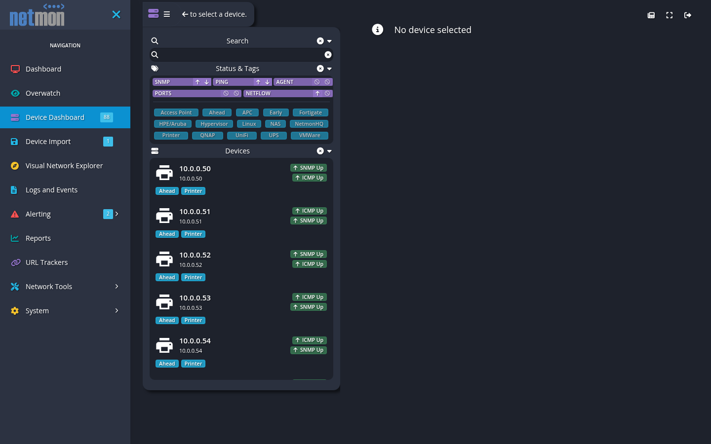 The device picker dropdown with a search box, status and tag filters, and a grid of device tiles