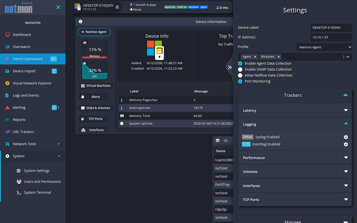 The device Settings pane with the Logging tracker group expanded, showing the Eventlog Enabled gear and its count of active categories