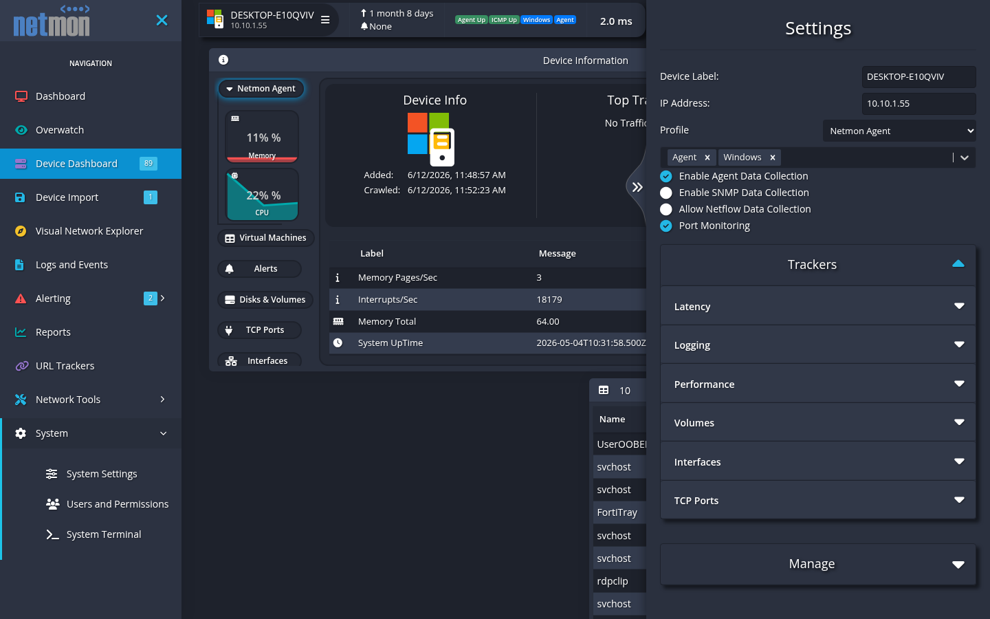 The device Settings pane showing polling switches and expandable tracker groups