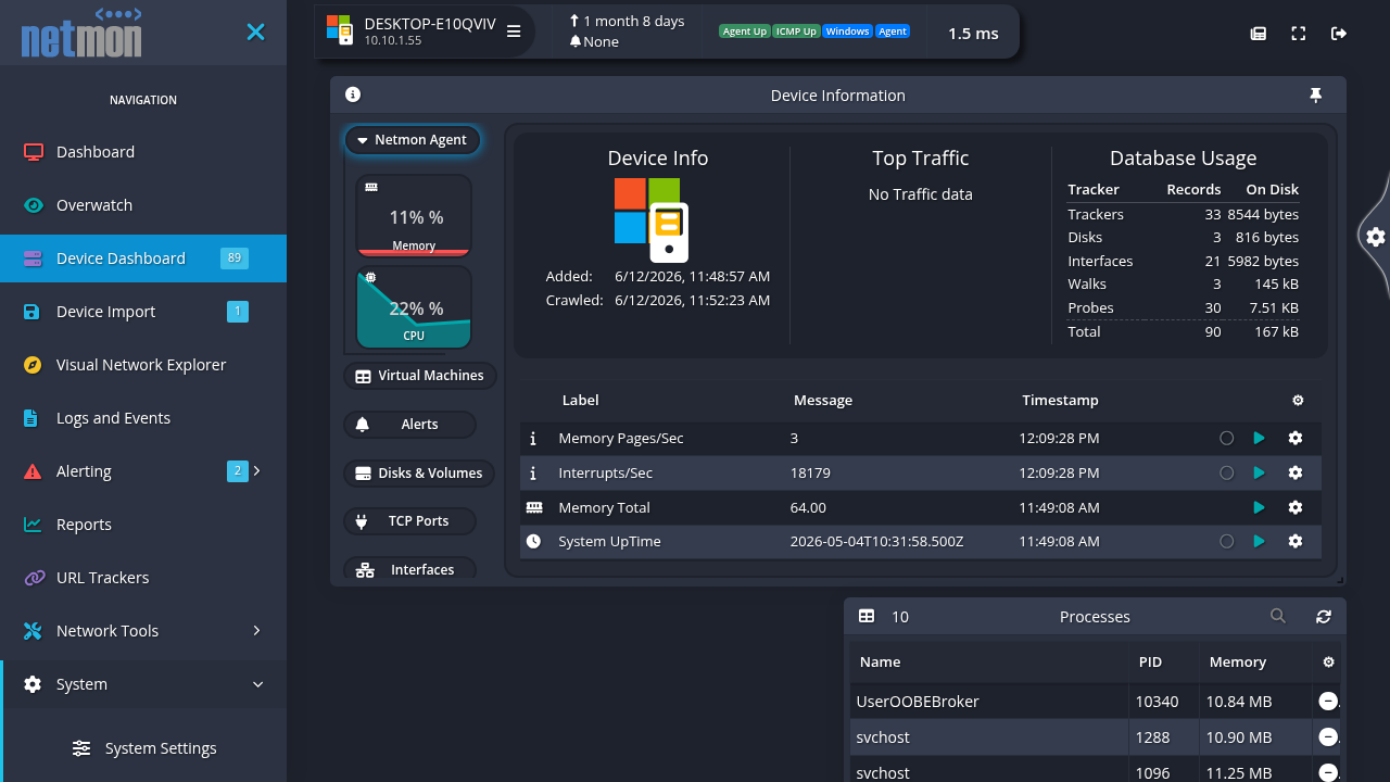 A Windows host monitored by the agent, showing CPU and memory gauges, recent messages, and the live process list