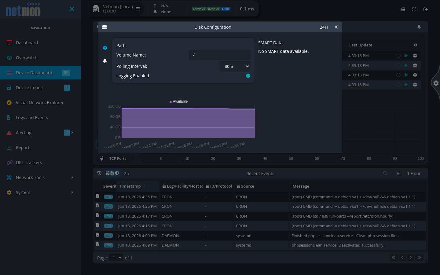 The Disk Configuration dialog with volume path, polling interval, and a free-space history graph