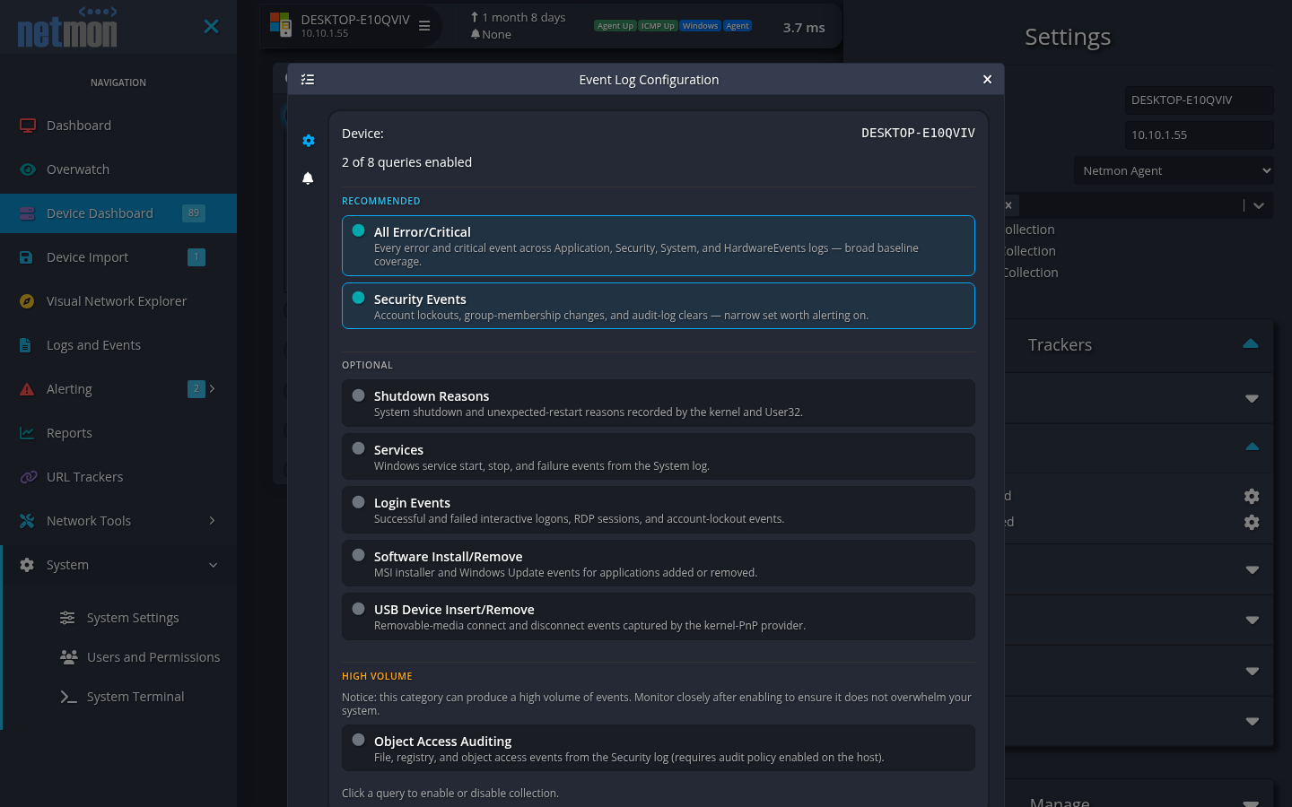 The event-log collection dialog listing recommended, optional, and high-volume query categories