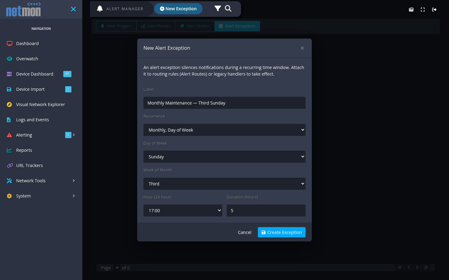 The New Alert Exception dialog set to a monthly, day-of-week recurrence on the third Sunday at 17:00 for five hours