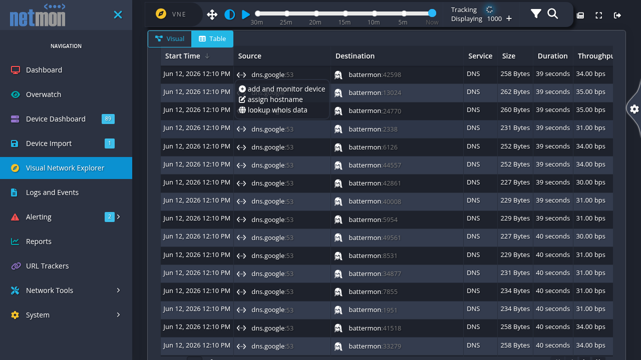 A popover over an IP address offering add as device, assign hostname, and whois actions