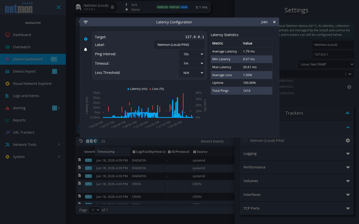 The Latency Configuration dialog with ping interval, timeout, and loss-threshold fields beside a response-time graph