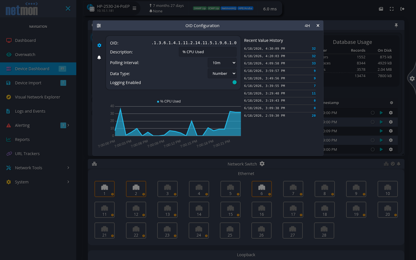 The OID Configuration dialog with object identifier, data type, and polling-interval fields beside the value's history graph