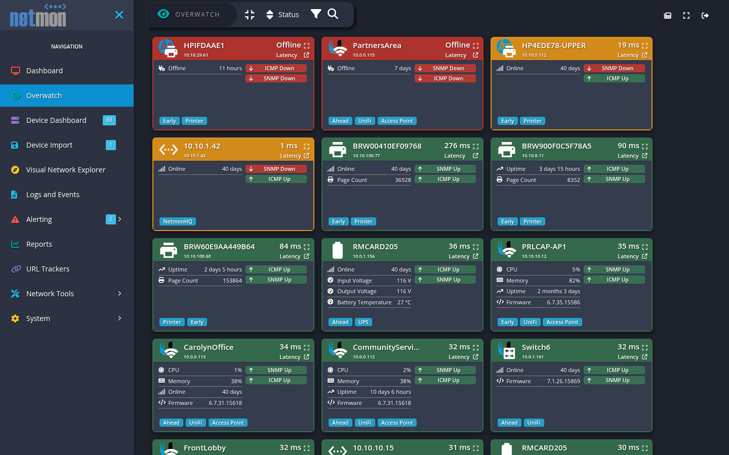 The Overwatch wall showing every monitored device as a health-colored tile