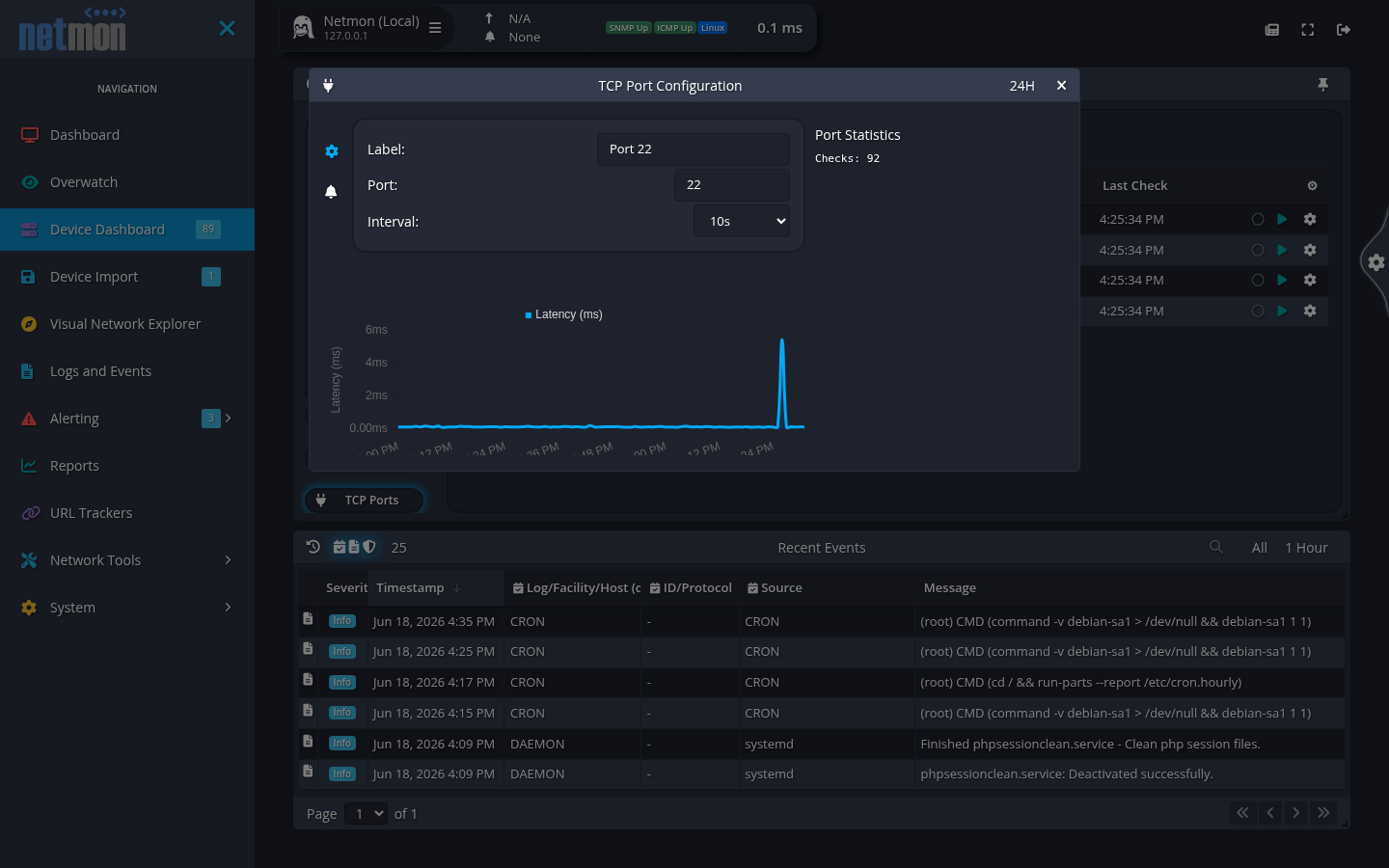 The TCP Port Configuration dialog with the port number, check interval, and a connect-time history graph