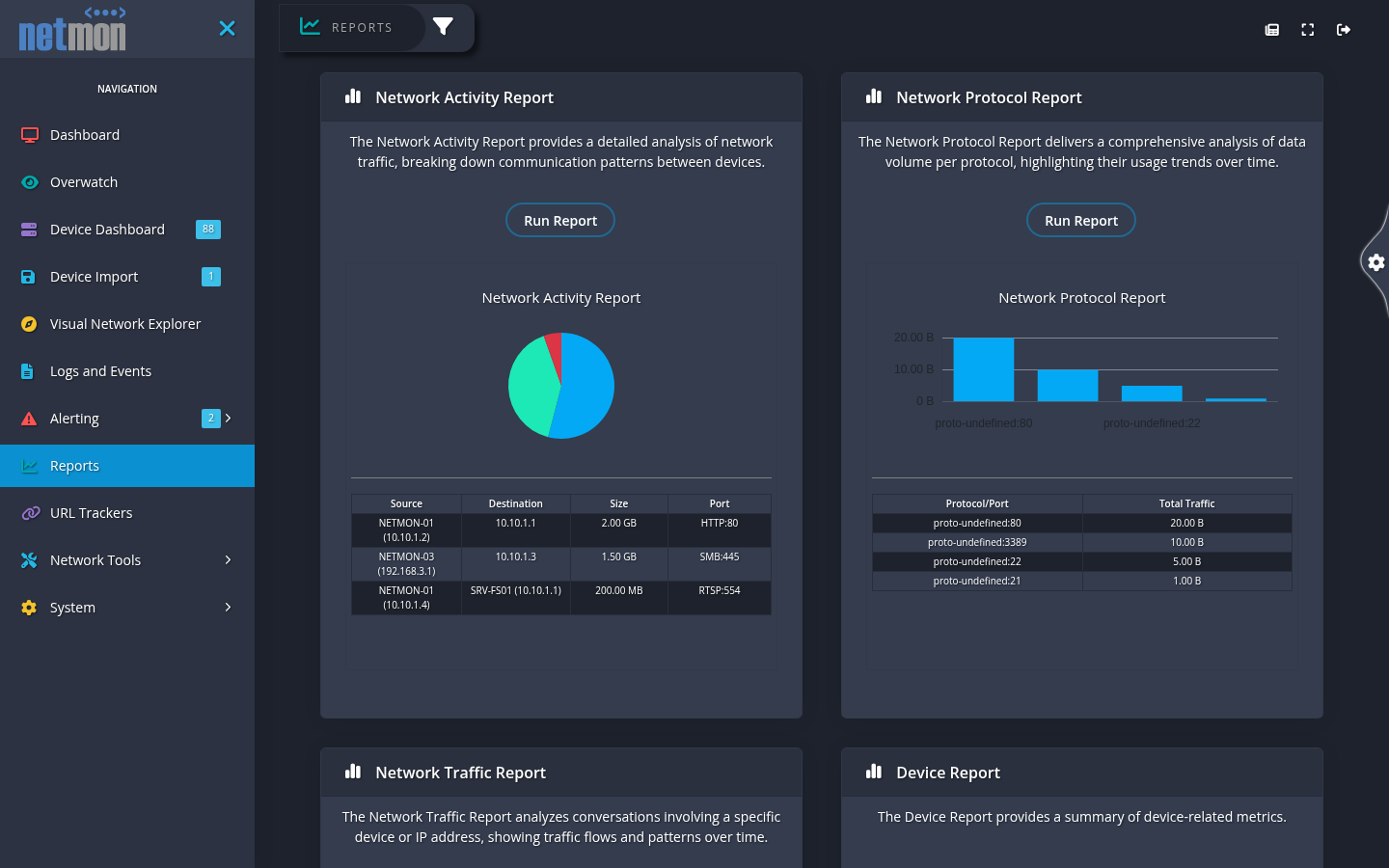 The Reports page with a report-type catalog, device-scope selector, and the Report Manager list of generated reports