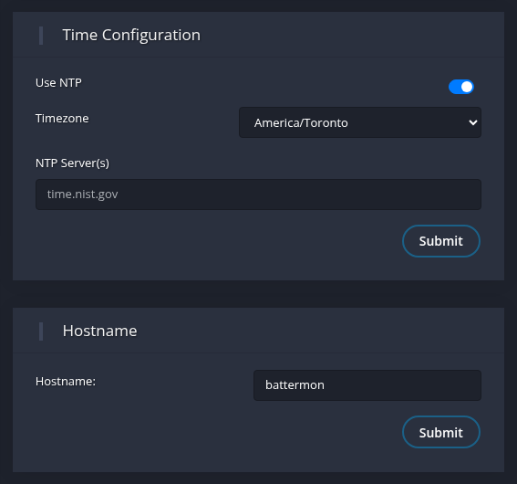 The Time Configuration and Hostname cards on the System Settings page