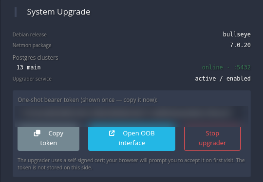The System Upgrade card after preparing, revealing a one-shot bearer token with Copy token and Open OOB interface buttons