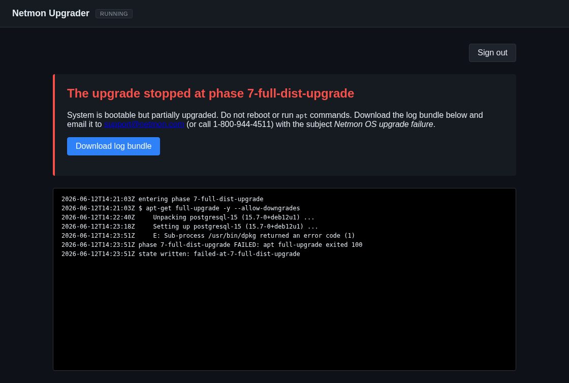 The failure screen naming the failed step, with a button to download the log bundle