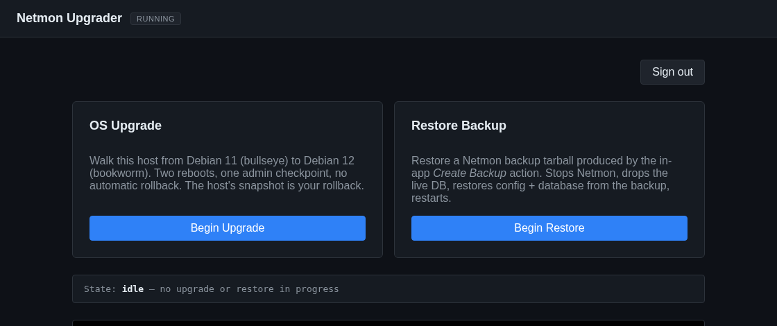 The assistant home screen with OS Upgrade and Restore Backup cards and a status line reading idle