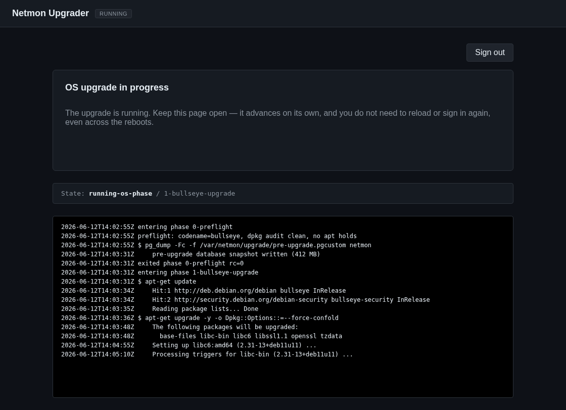 The first stage in progress with a status line and live scrolling log