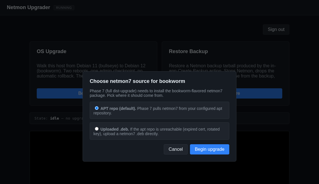 The package source picker offering APT repo and Uploaded .deb options