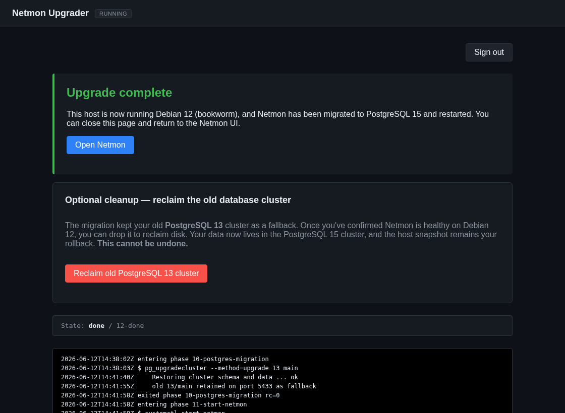 The completion screen reporting the appliance is on Debian 12 with Netmon running