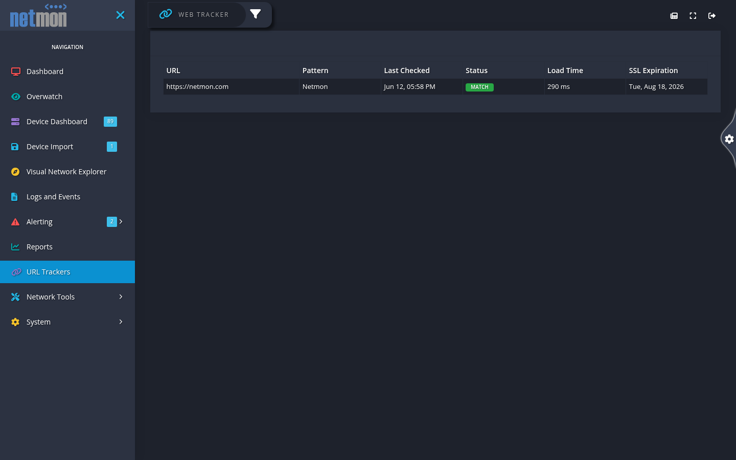 The URL Trackers list showing tracked web endpoints with their status and response time