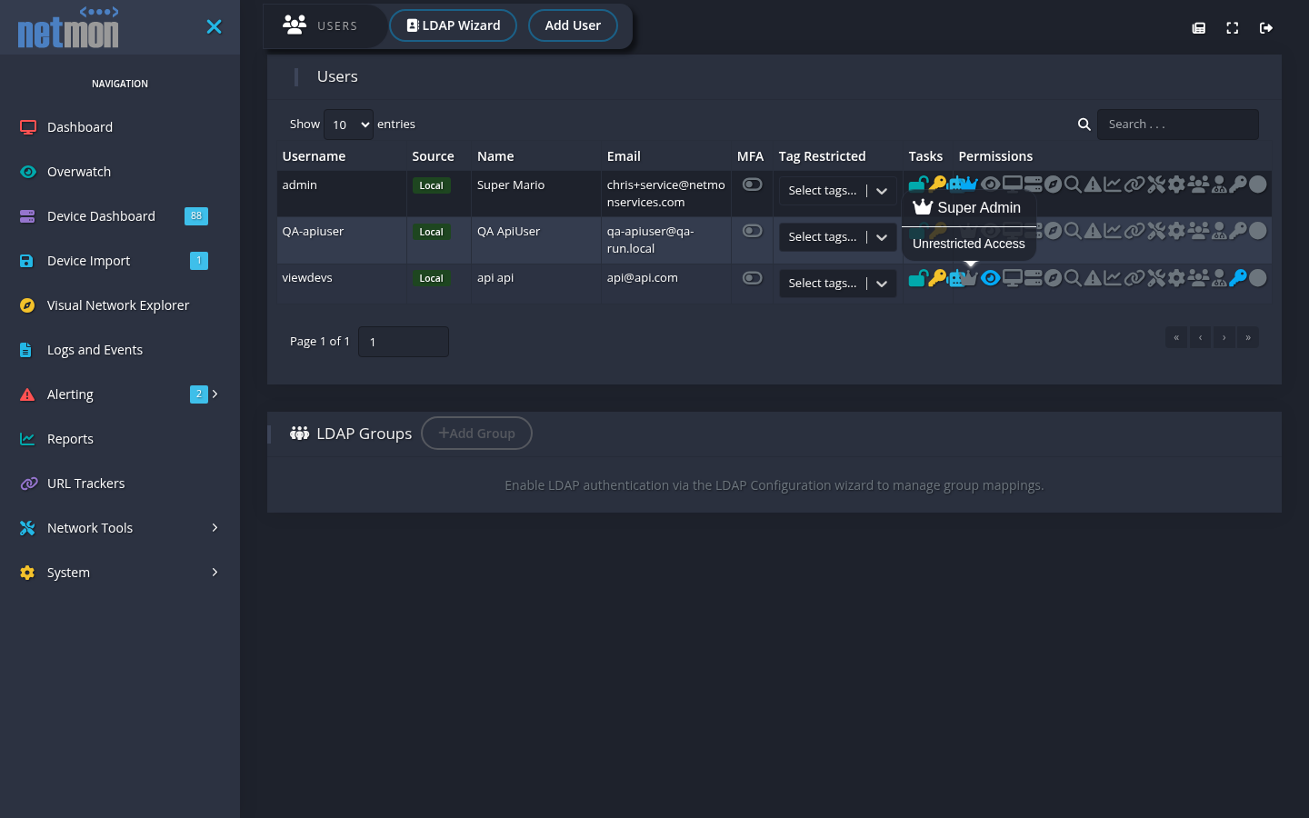 The Users and Permissions page showing accounts, per-area permission toggles, tag restrictions, and LDAP group mappings