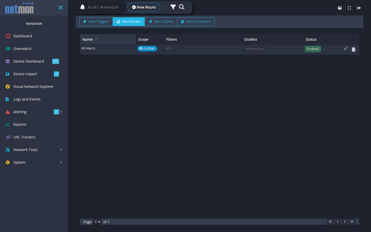 Netmon alert routing rules — scope, class and tag filters fanning out to email and webhook outlets