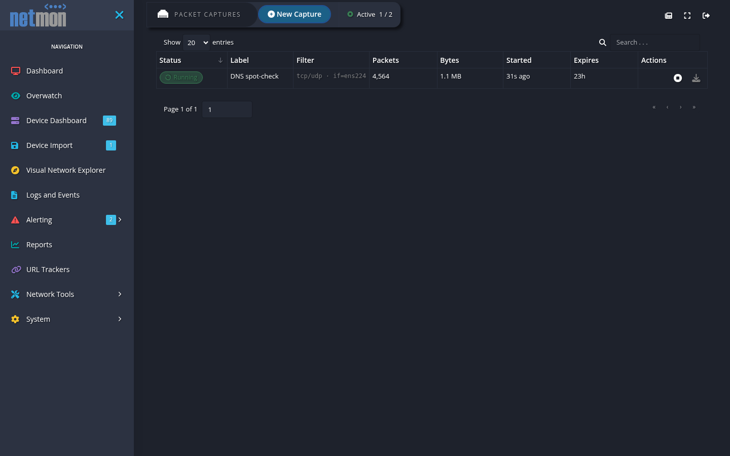 Netmon packet captures — filtered capture list with status, size and download to pcapng