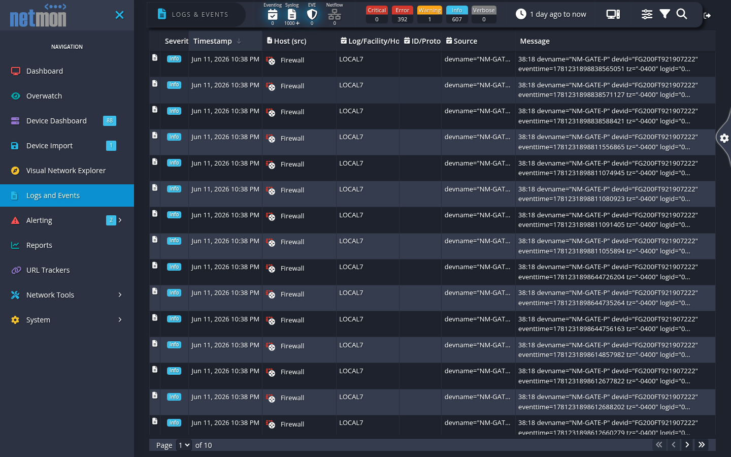 Netmon Logs and Events — syslog, Windows event log and IDS entries interleaved on one searchable timeline