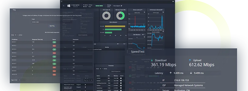 Three Netmon screens: ping results, a device dashboard with latency and disk graphs, and a bandwidth speed test