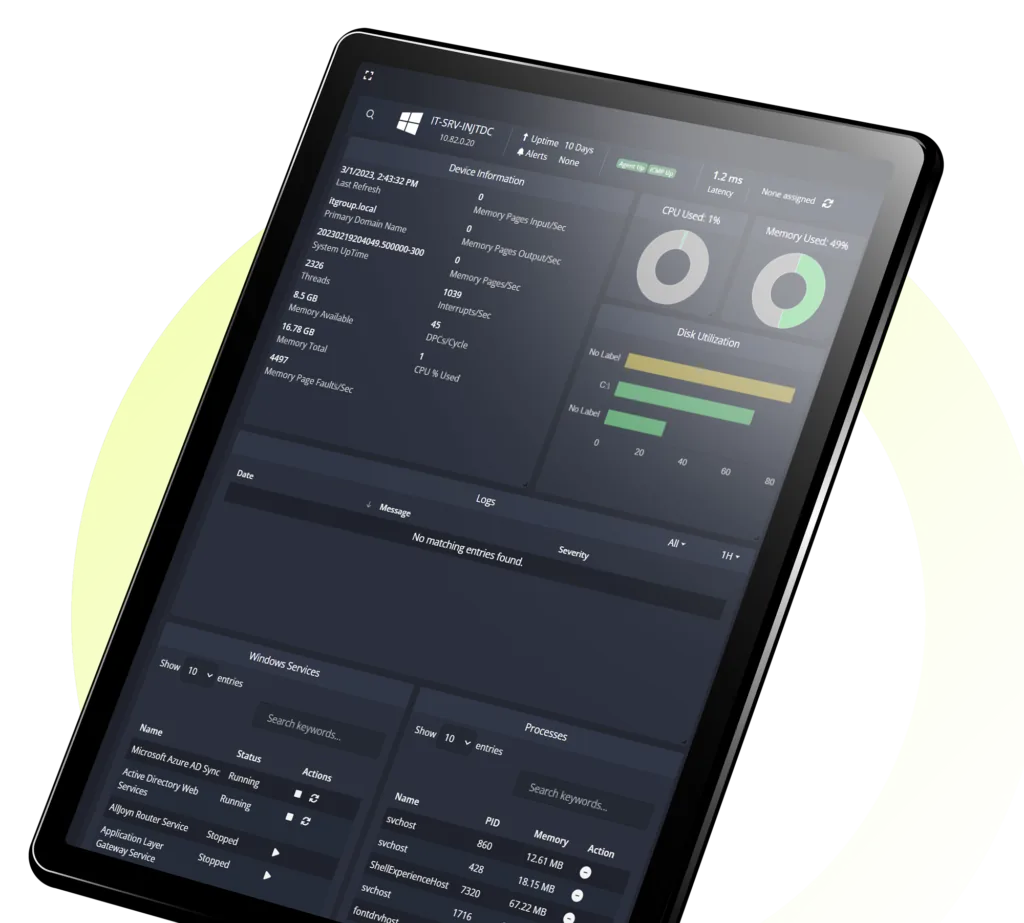Netmon device dashboard on a tablet, showing a Windows server's CPU, memory and disk utilization alongside its logs, services and processes